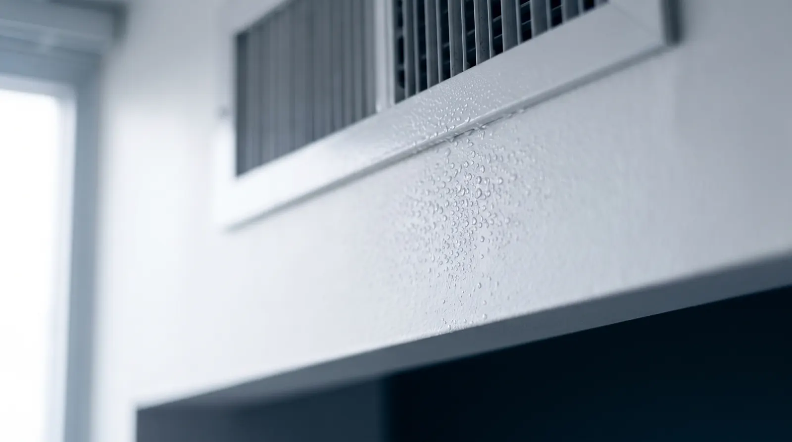 Fine condensation droplets on a white wall beneath a ceiling air-conditioning vent (illustrative)