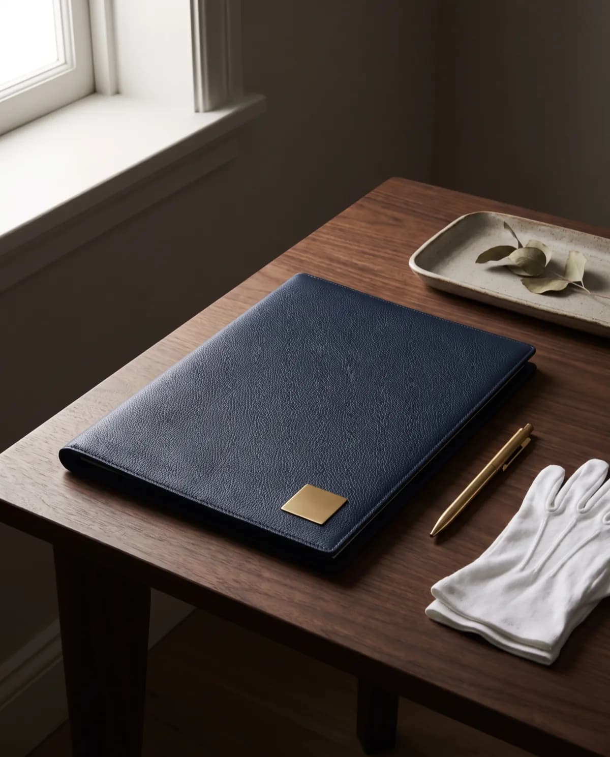 A navy leather document folio with a small brass hallmark, a brass pen, and white cotton gloves on a walnut desk (illustrative)