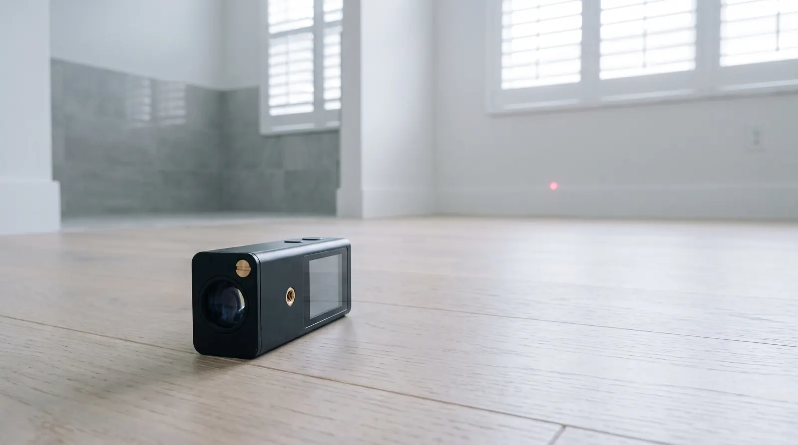 A laser distance measurer on an oak floor aimed across an empty, sunlit room (illustrative)