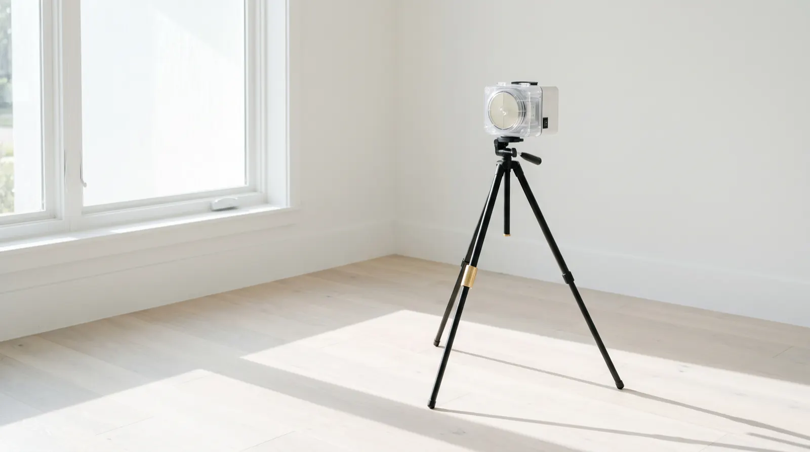 An air-sampling pump on a slim tripod in the corner of a bright, empty room (illustrative, not Sterling's own equipment)