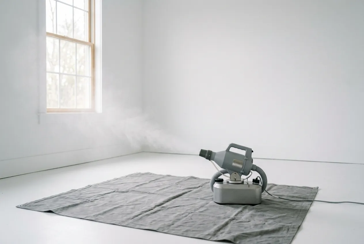 A compact cold fogger on a drop cloth in an empty, cleaned white room, a fine mist in the window light (illustrative)