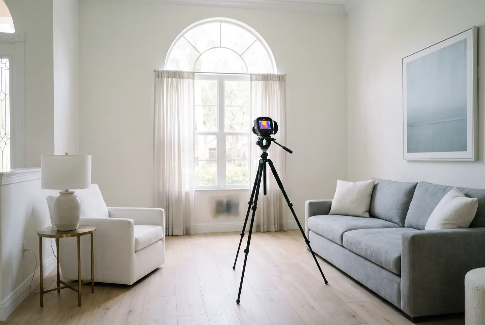 A thermal camera on a tripod aimed at a living-room wall beneath an arched window (illustrative)