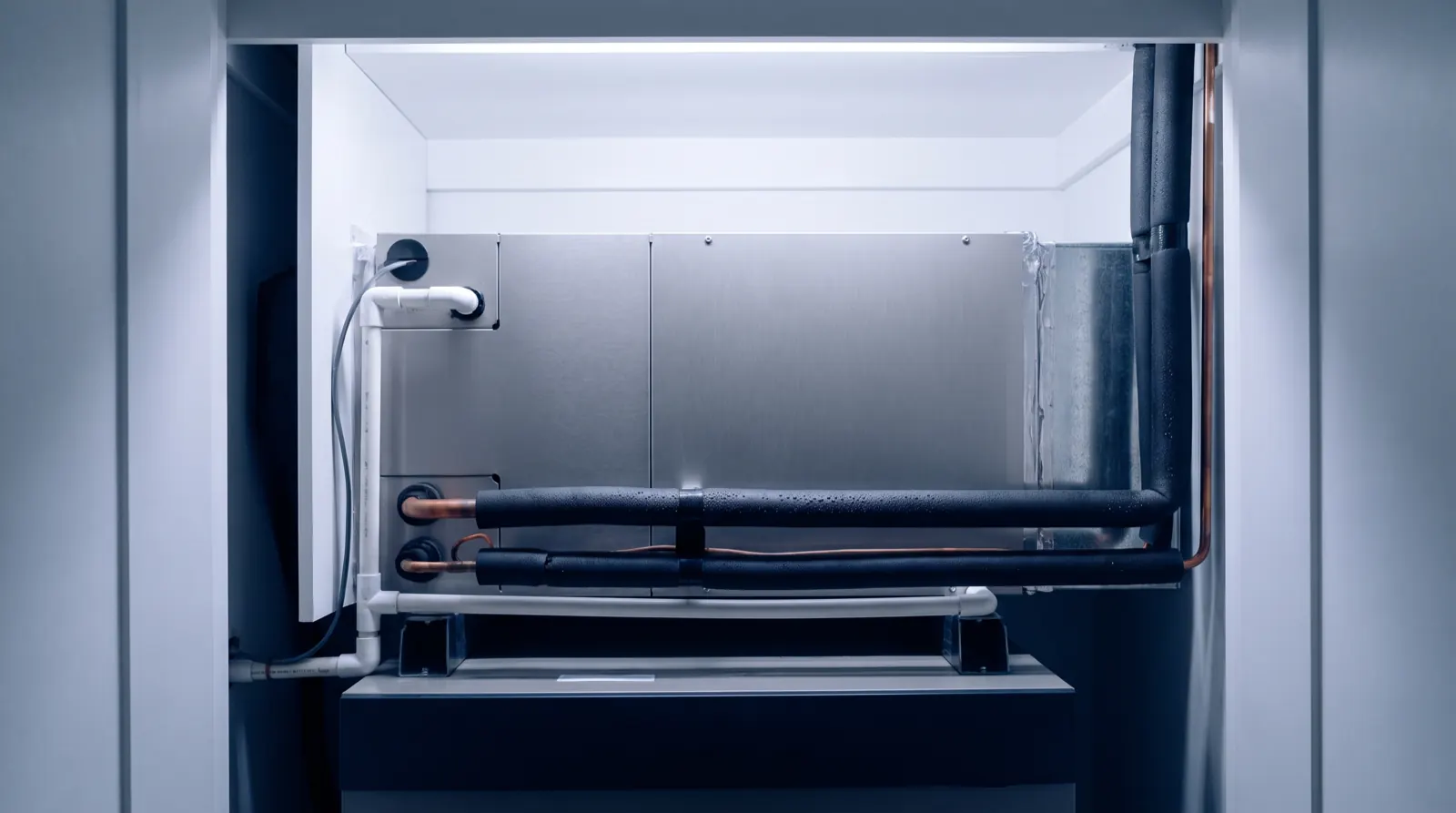 A residential air handler in a clean utility closet with insulated refrigerant lines (illustrative)