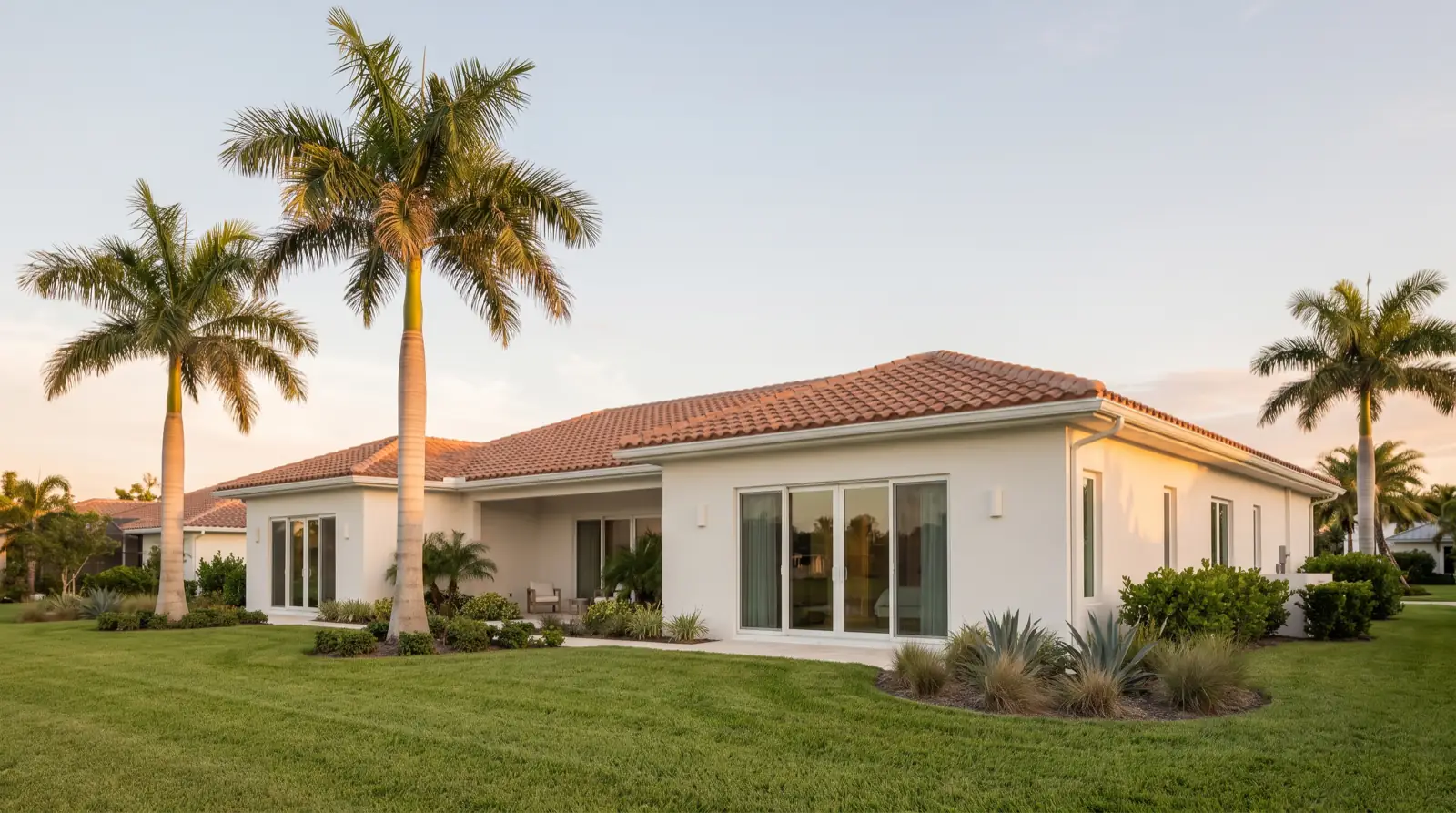 A white single-story Florida home with a tile roof and tall royal palms at golden hour (illustrative)