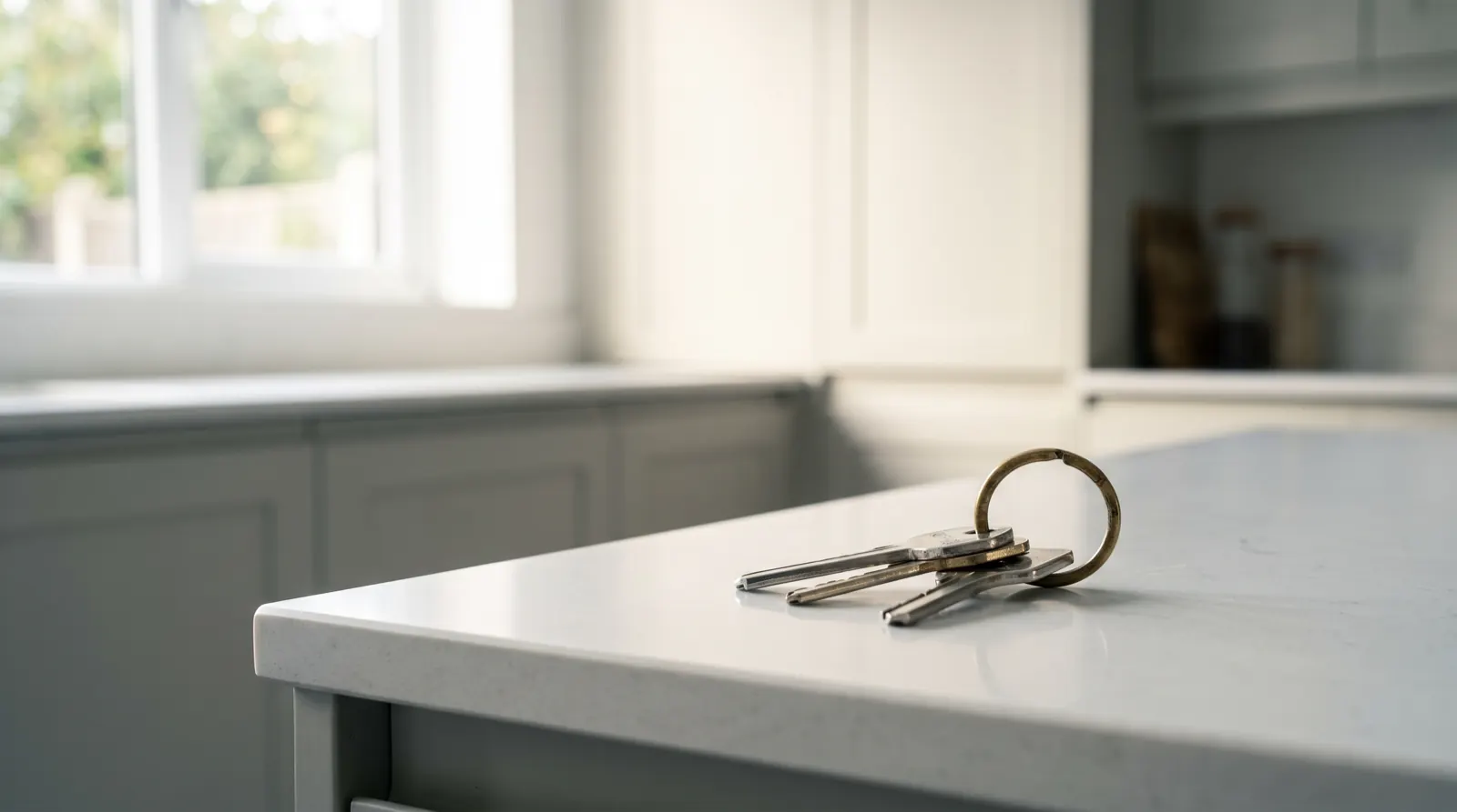 A set of house keys on a brass ring resting on a white quartz kitchen counter (illustrative)