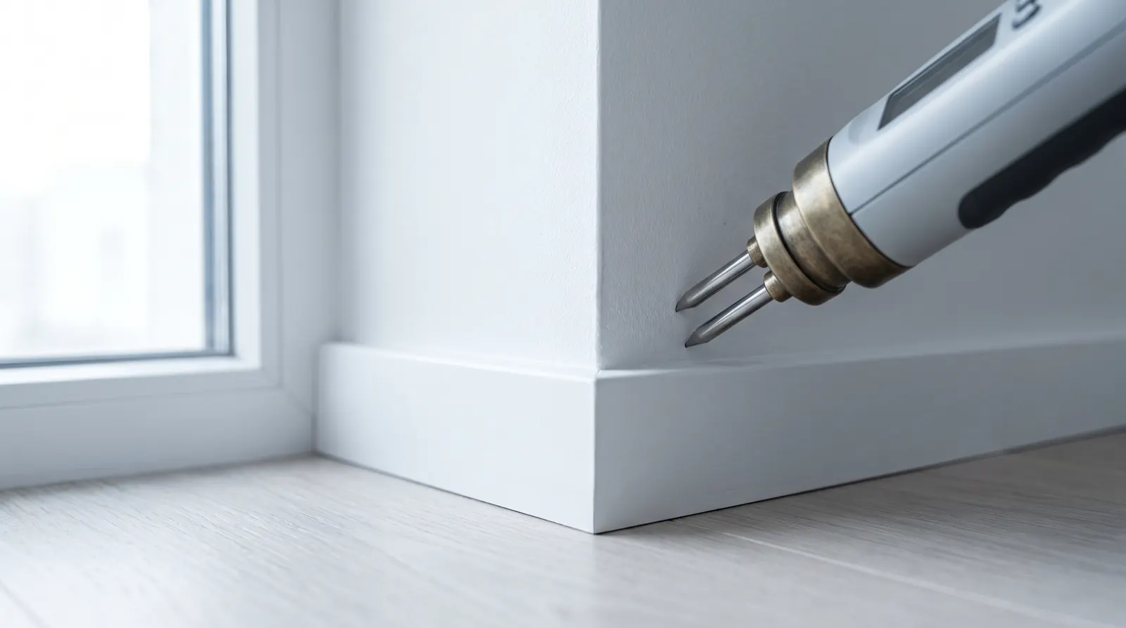 The steel pins of a moisture meter touching white drywall just above a baseboard (illustrative)