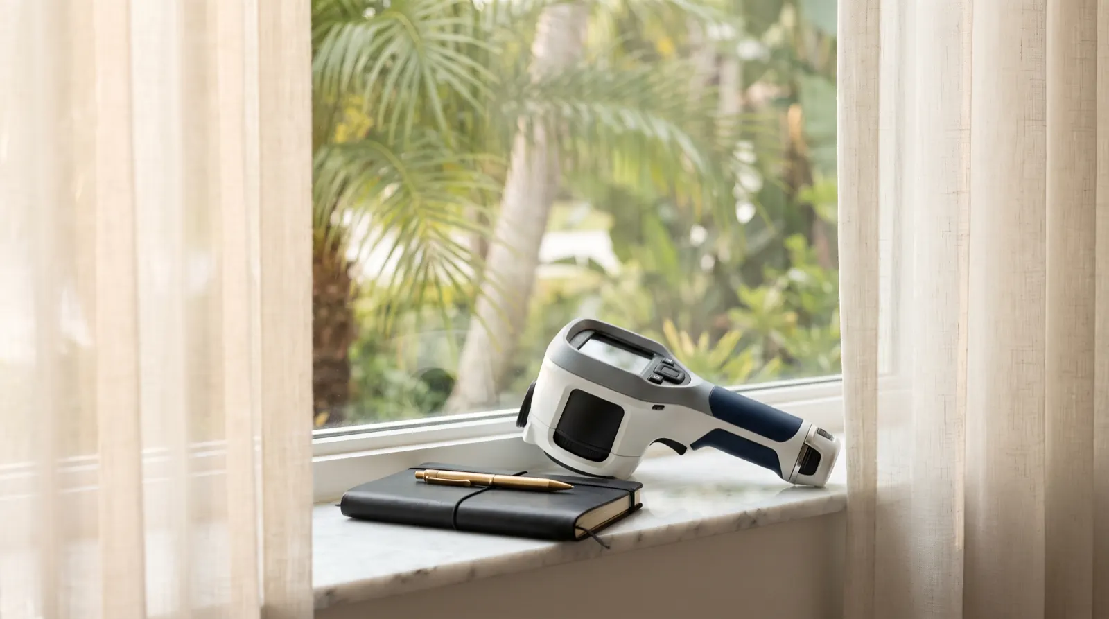 A thermal camera and a closed field notebook resting on a sunlit windowsill with palms outside (illustrative)