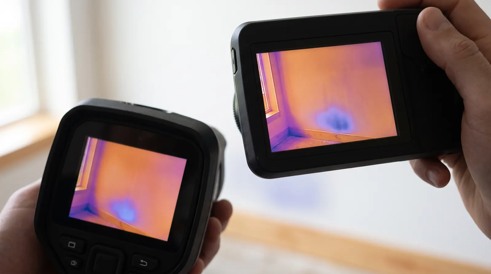 Thermal camera screens showing an ironbow thermogram of a wall with a cool patch near the baseboard (illustrative)