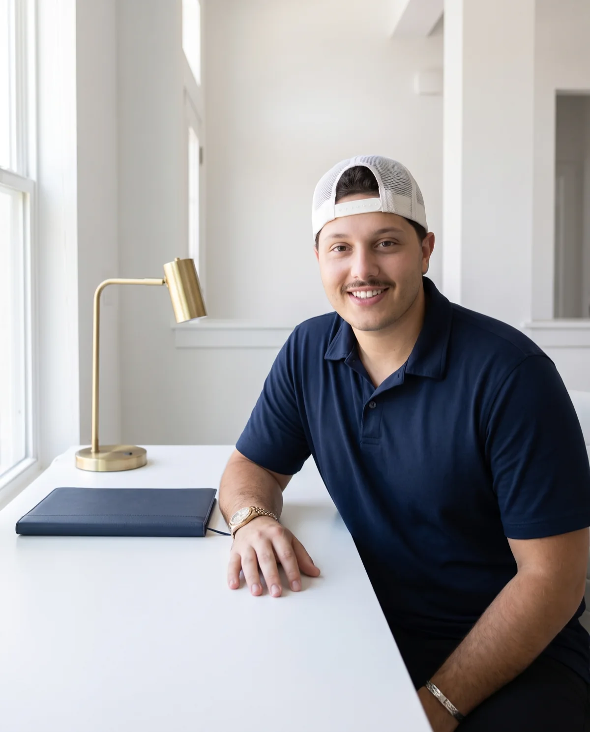 Giuliano Odeh, Sterling's founder and lead inspector, seated at a white desk in a navy polo
